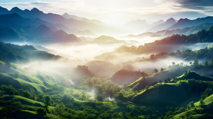 Fototapeta na wymiar High angle view over tropical mountains layer with white fog in early morning, Landscape misty, Fantastic dreamy sunrise on rocky mountains with view into misty valley below. Generative AI