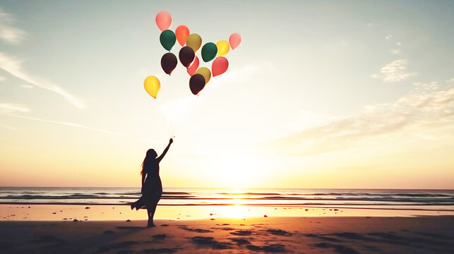 silhouette of a woman with many flying balloons on the beach,
 a captivating image that evokes feelings of joy , photo  elevate your creations to new heights, 
 From blogs to brochures, Generative AI 