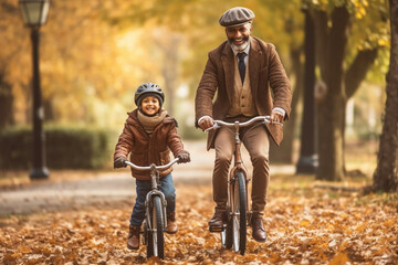 Happy father and daughter ride bicycles in the autumn park on a sunny day. Generative AI