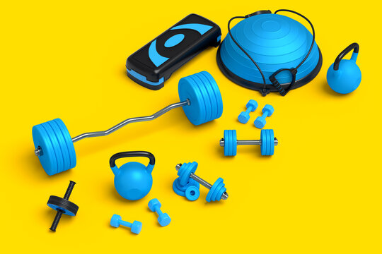 Isometric view of sport equipment like kettlebell, dumbbell and yoga mat