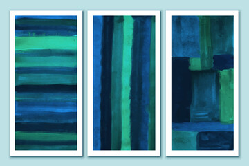 Set of blue, turquoise, green watercolor soft art posters. Wall canvas design. Abstract lines, stroces, geometric forms. Interior art.