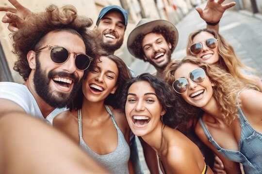 Multicultural friends taking selfie pic with cellphone outside - Happy young people having fun hanging out on city street - Summer vacation concept with guys and girls enjoying Generative AI