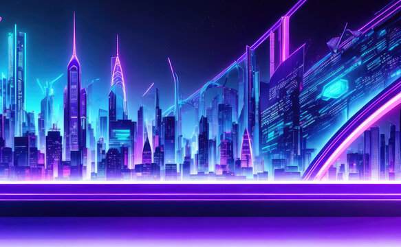 Horizontal illustration with a night fantastic city illuminated by bright neon lights. For banners, covers, backgrounds and other modern projects.