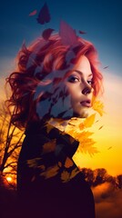 Fototapeta premium a woman with red hair and leaves on her face