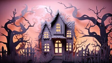 Fototapeta na wymiar halloween night scene made in Paper Art for Halloween concept