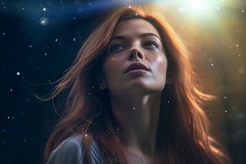 a woman with red hair looking up at the sun