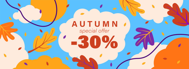 Colorful autumn card, background, shop sale promo banner. Place for text. Bright blue autumn sky with clouds. Red, yellow, orange leaves.