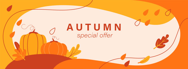 Autumn abstract background, banner, voucher, card design. Bright colorful fall mood. Pumpkins, leaves.