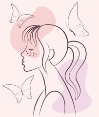 Face of a young woman with freckles and butterflies. The concept of beauty, cosmetics, healthy skin and fashion. Vector illustration, simple line drawing and pink, brown spots on a beige background.