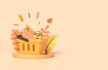 3d podium and gift box, shopping bag, basket, leaves. illustration for banner or poster design for autumn sale. copy space. delicate pastel colors. 3d rendering