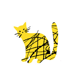 Textured cute cat illustration yellow and black color isolated on white