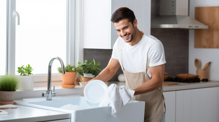 A man doing the dishes, washing plates, chores and housekeeping, equality