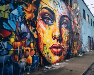 a womans face is painted on a wall in front of a building