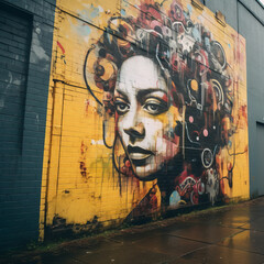 a womans face is painted on a wall in front of a yellow building