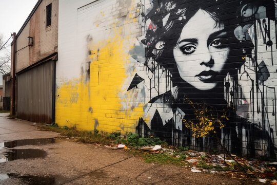 a womans face is painted on a wall in front of a yellow building