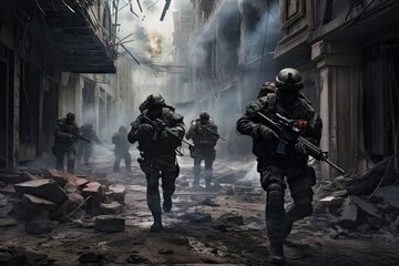 A group of military mercenaries during a cleansing operation in a ruined city.