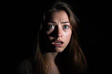 a young woman is looking at the camera in the dark