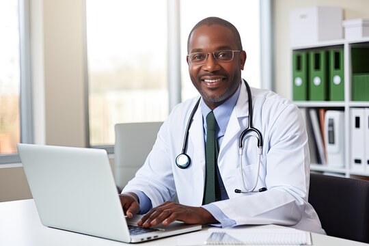 Smiley African American middle aged male doctor sitting in front of laptop monitor in his office and looking at camera.
