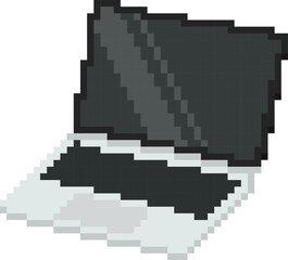 Pixel art laptop isolated on white background. Opened notebook with blank display. Isometric pc vector illustration.