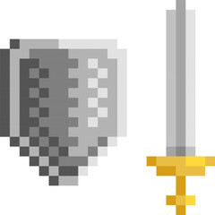 Medieval sword and shield pixel art. Cartoon vector illustration.