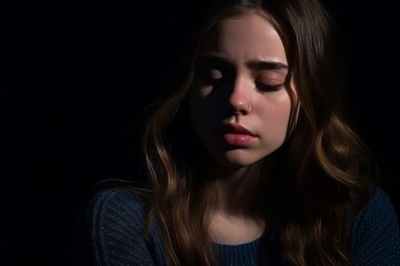 a young woman with her eyes closed in the dark