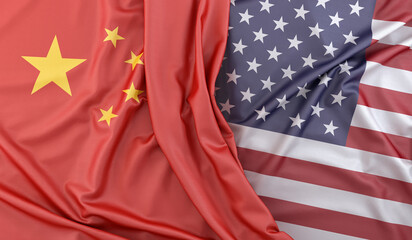 Ruffled Flags of China and USA. 3D Rendering