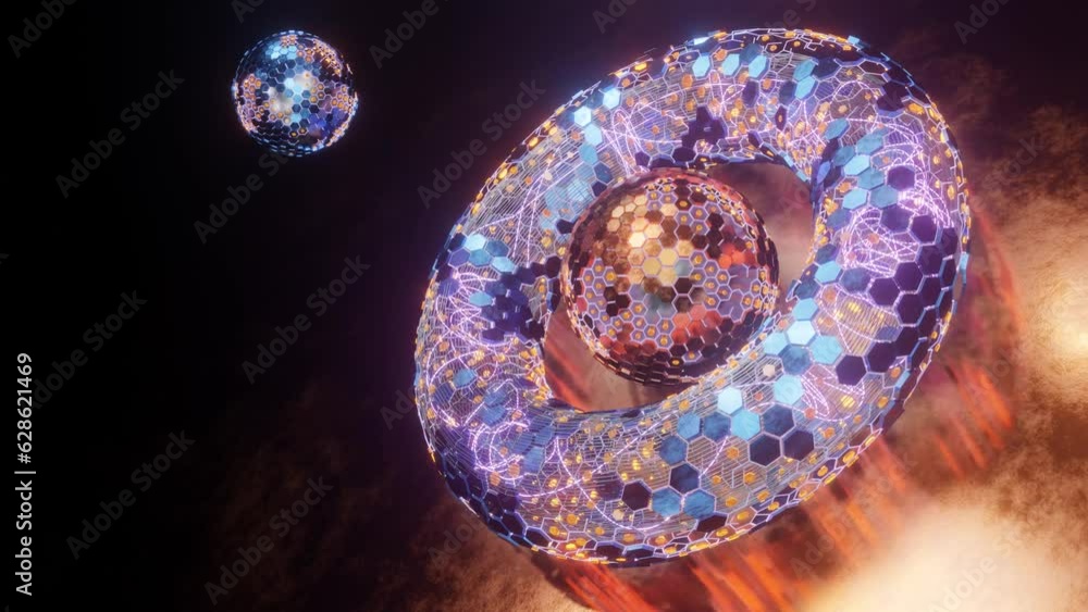 Poster loop 3d animation. abstract geometric figure of a set of hexagons. a torus of metal segments and a s