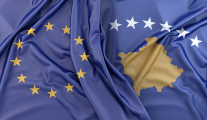 Ruffled Flags of European Union and Kosovo. 3D Rendering