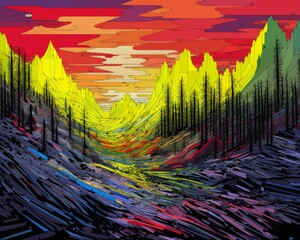 an abstract painting of a forest at sunset