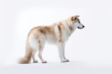 an alaskan husky standing in front of a white background