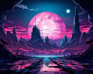 an alien landscape with a pink moon in the background