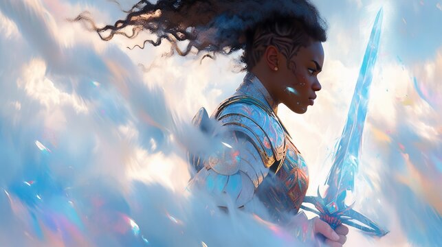 Portrait of a Black Warrior with a Light Blue Glowing Sword.