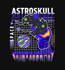 Retro futuristic posters with a skull head filled with universes and planets . Techno style stylish print for streetwear, print for t-shirts and sweatshirts isolated on black background