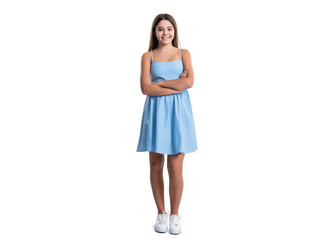 happy teen girl in summer dress isolated on white. teen girl in summer dress at studio.