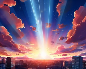 an anime scene of the sun rising over a city