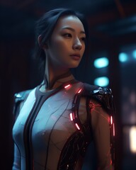 an asian woman in a futuristic outfit