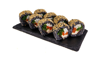 black rice rolls with salmon on white background for food delivery website menu 6