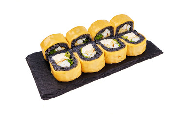 cheese rolls with black rice on white background for food delivery website menu 1