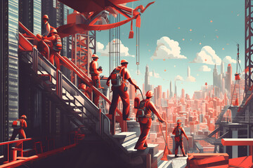 Labor day. Workers with safety helmets against the background of a construction or industrial site, rear view. Generated with AI technology
