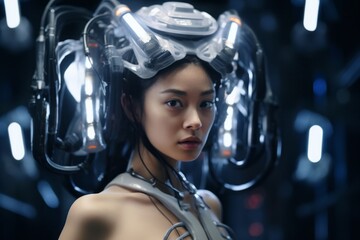 an asian woman wearing a futuristic headpiece