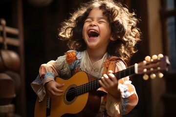 Young Asian Child Playing Guitar with Dedication and Talent.