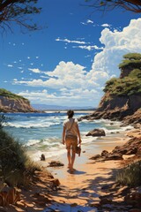 Obraz premium Hombre de mediana edad bajando recorriendo una bonita playa con nubes y olas azules, montañas y rocas.