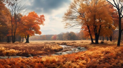 an autumn landscape with trees and a stream