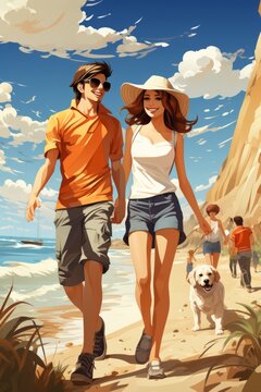 Pareja enamorada paseando de vacaciones por la playa con su perro. Chica con sombrero blanco y su novio pasean por la playa con su mascota.