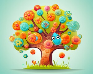 an illustration of a colorful tree with a blue bird sitting on it