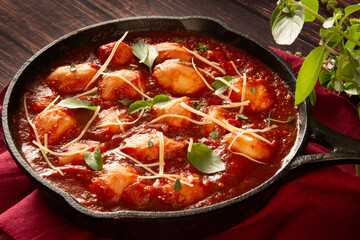 Delicious Gnocchi with Red tomato Sauce and Basil served in a black skillet pan in a wooden background in front view
