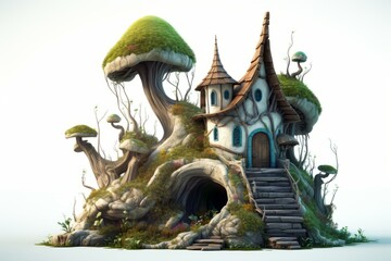 Fototapeta na wymiar an illustration of a fairy house with mushrooms and trees