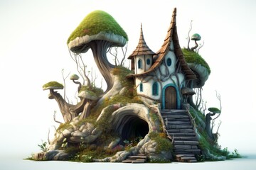 Obraz premium an illustration of a fairy house with mushrooms and trees