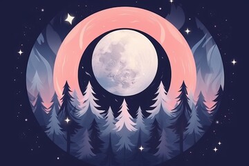 an illustration of a full moon in the sky with trees in the background