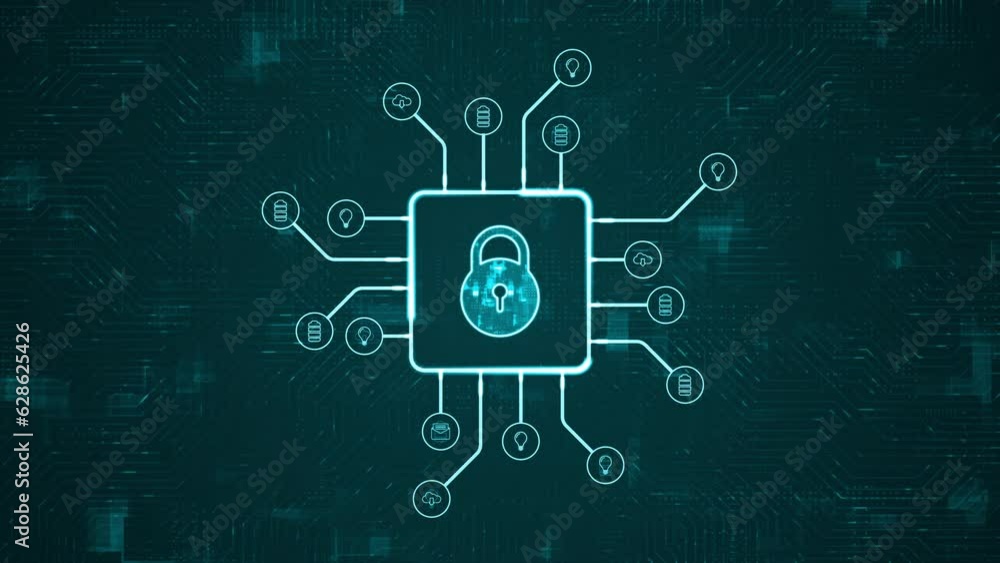 Poster motion graphic of blue digital security key logo and futuristic hud technology circuit board with ic